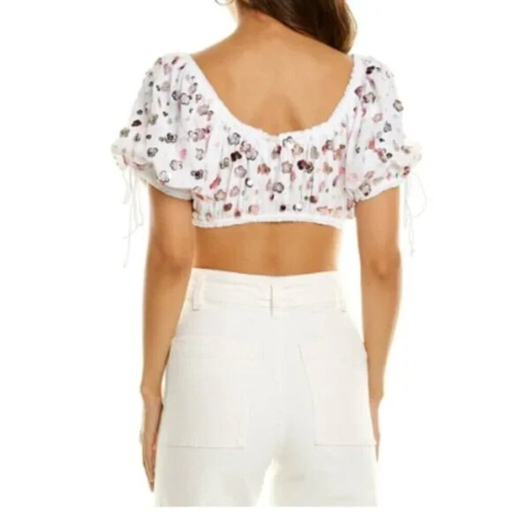 For Love & Lemons Crop Top Cold Hearted Short Sleeve Sequin Flower White Pink - Picture 7 of 15